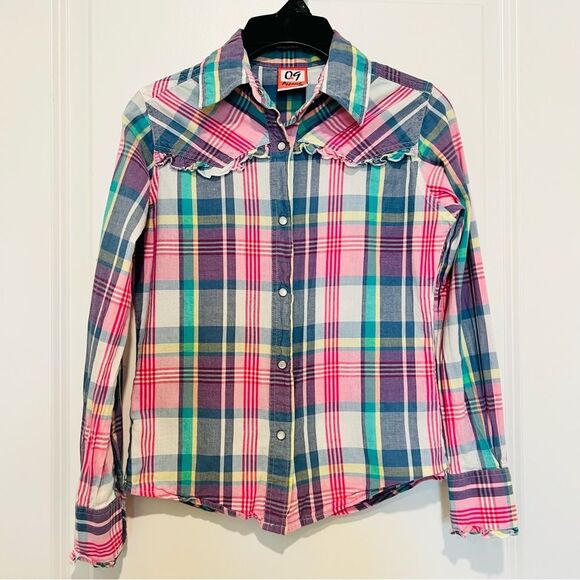 09 Apparel Girl's Western Pearl Snap Button Up Shirt Long Sleeve Ruffle Sz Large - Picture 1 of 8